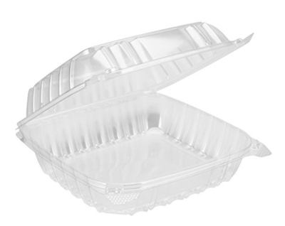 8' SQUARE CLAMSHELL CLEAR PLASTIC HINGED CONTAINERS